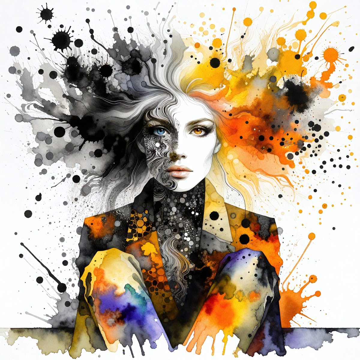 The primary subject of the image is a woman with a unique and artistic appearance. She is wearing a yellow and black jacket, and her hair is styled in a way that creates a striking contrast between her two different colored sides. The setting is a white background, which allows the woman's vibrant outfit and her hair to stand out. The visual style of the image is a combination of digital art and illustration, giving it a creative and eye-catching appearance. The colors and mood of the image are lively and energetic, with the woman's outfit and hairstyle contributing to a sense of individuality and self-expression.